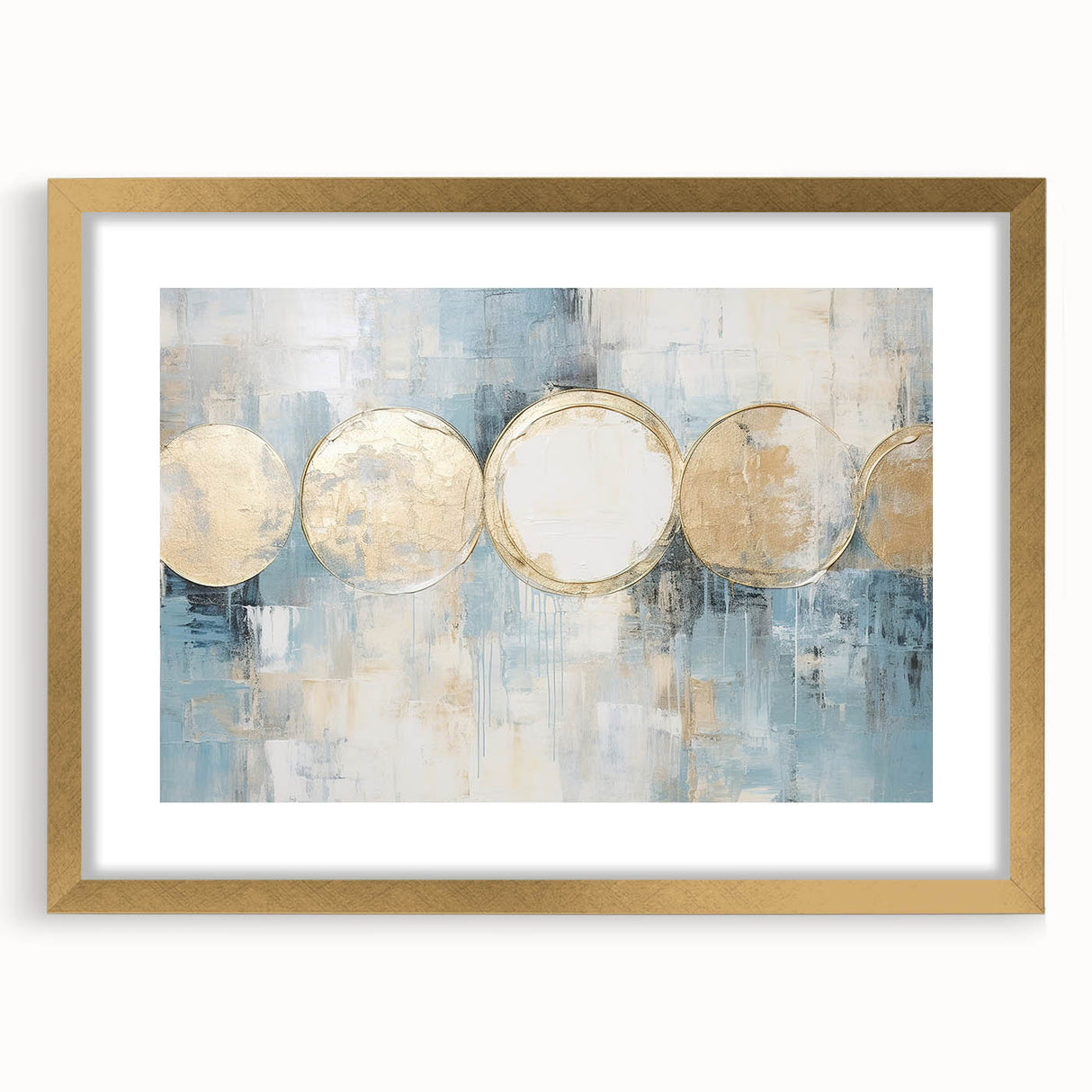 Abstract wall art featuring colorful strokes in a modern design, framed with a gold mat, displayed from the front to highlight its artistic elegance and vibrant colors.