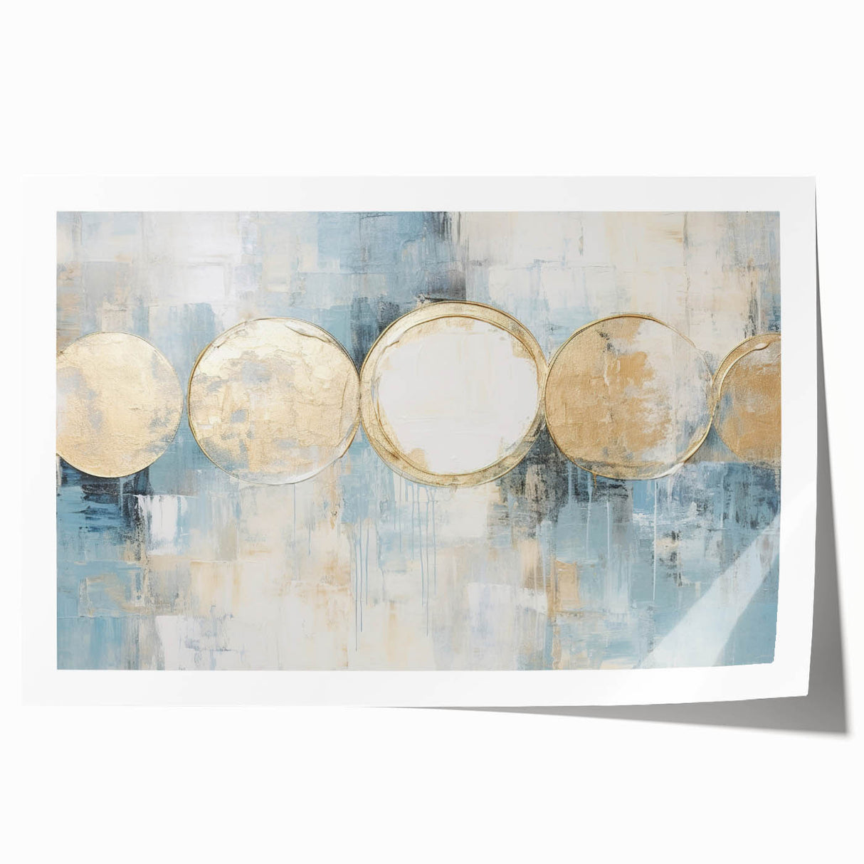 Abstract wall art print showcasing vibrant strokes of blue, orange, and yellow, rolled and ready for display, perfect for modern home decor.