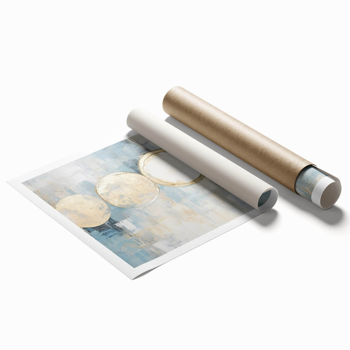 Abstract wall art print showcasing vibrant strokes of blue, orange, and green, rolled and ready for framing, perfect for modern home decor.