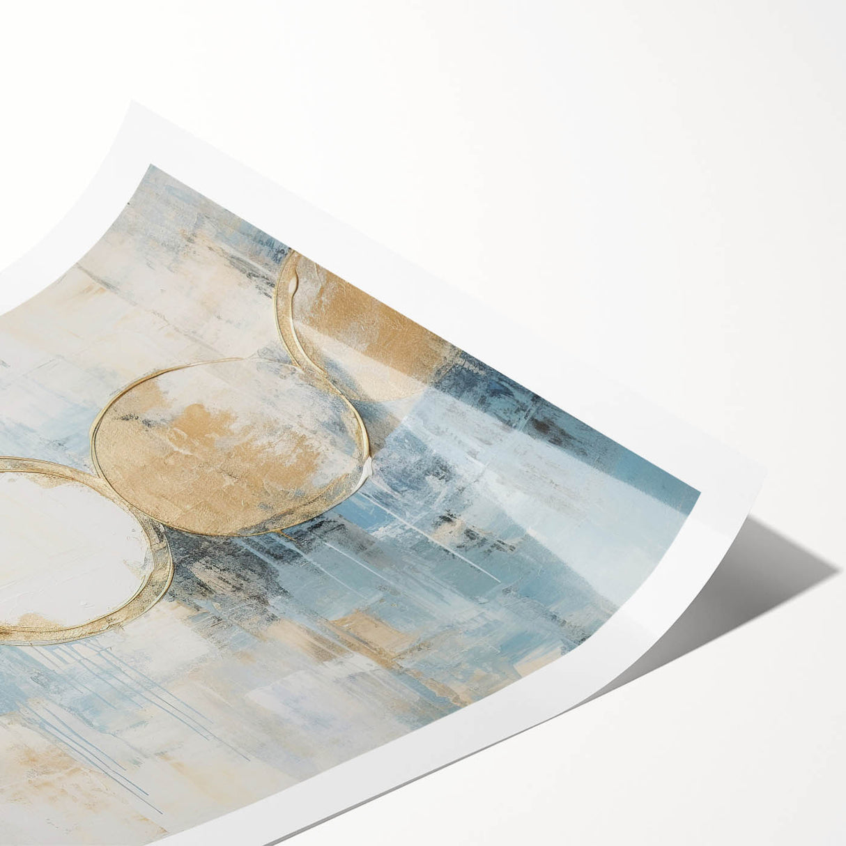 Abstract strokes wall art print showcasing vibrant colors of blue, orange, and gold, rolled for easy shipping, perfect for modern home decor. Ideal for enhancing contemporary spaces.