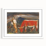 Shepherd with Grazing Cow" by Mikuláš Galanda - Rustic Pastoral Scene