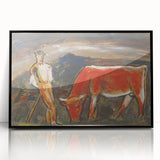Shepherd with Grazing Cow" by Mikuláš Galanda - Rustic Pastoral Scene