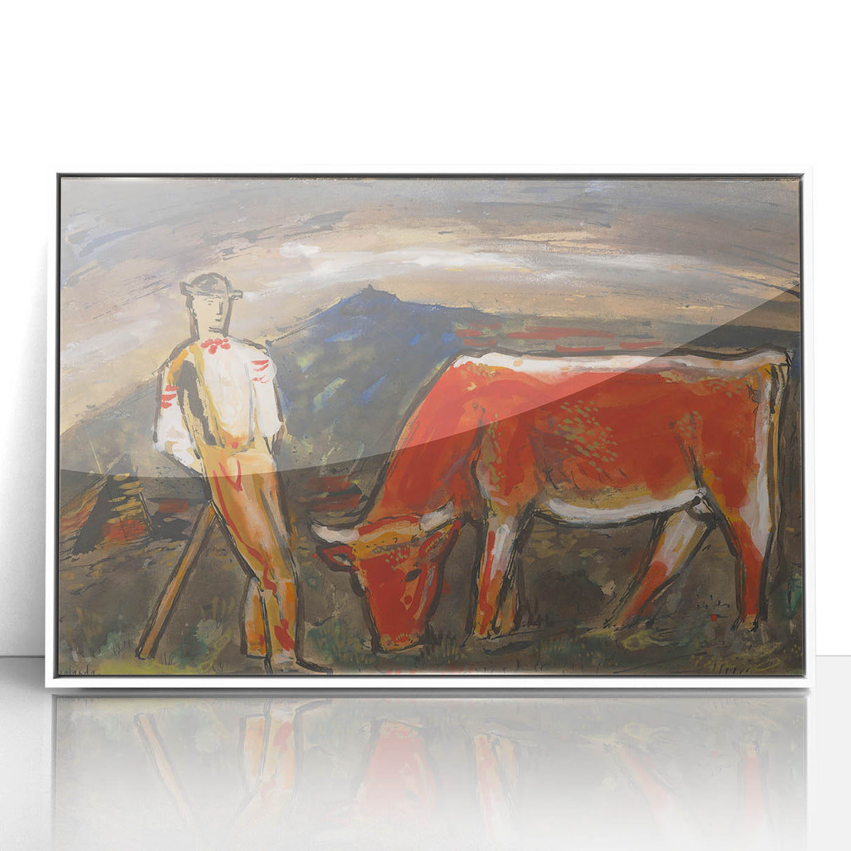 Shepherd with Grazing Cow" by Mikuláš Galanda - Rustic Pastoral Scene