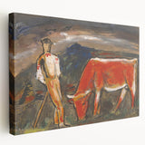 Shepherd with Grazing Cow" by Mikuláš Galanda - Rustic Pastoral Scene