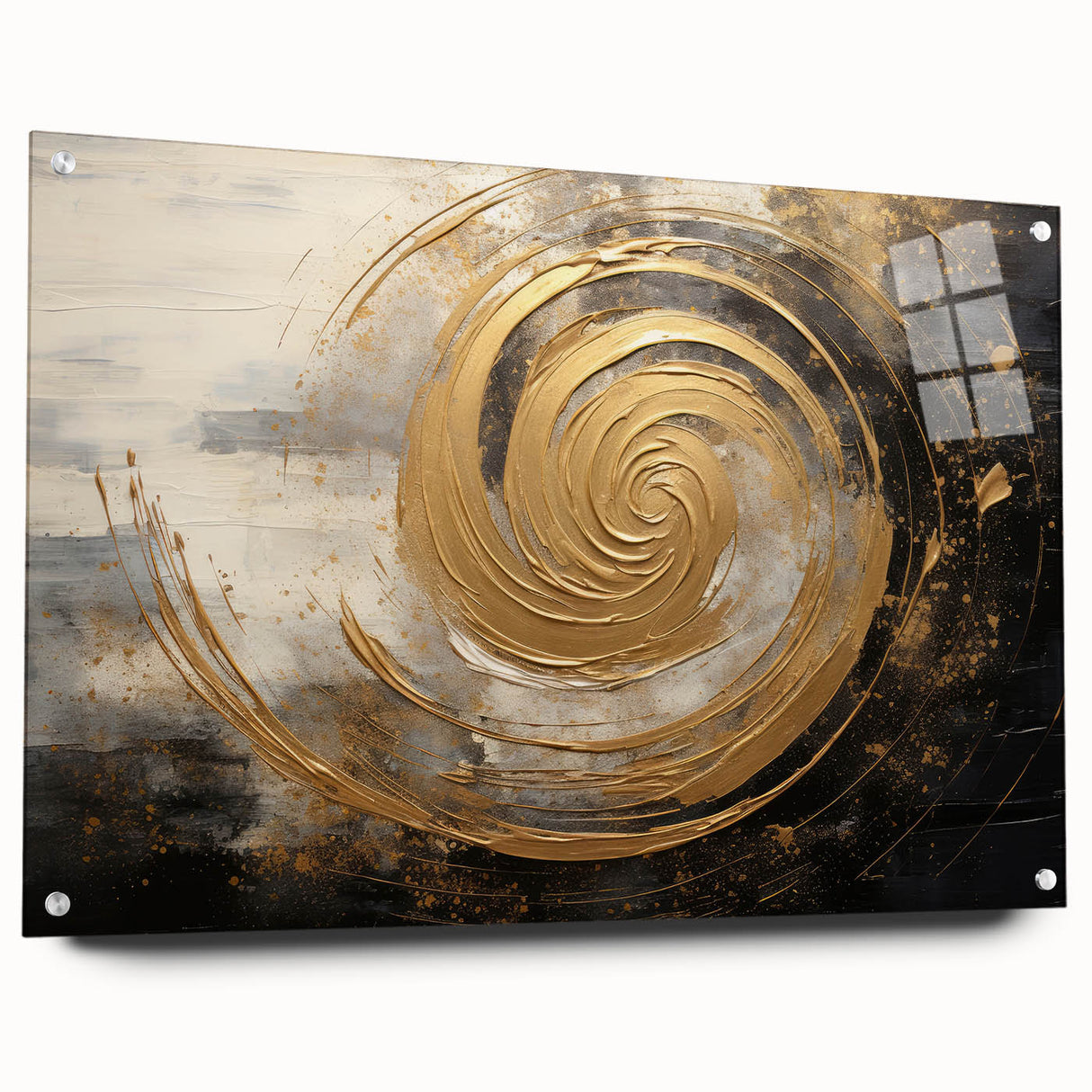 Abstract strokes wall art displayed in a sleek acrylic glass frame, showcasing vibrant colors and artistic textures, complemented by stylish mounting pins for an elegant presentation.