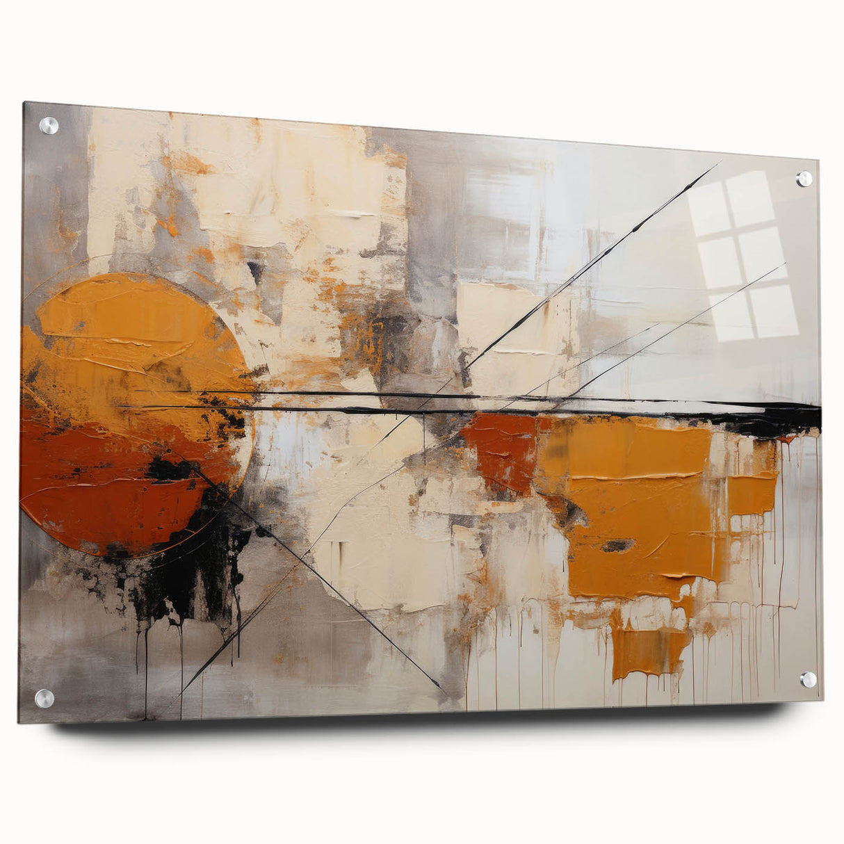 Abstract wall art featuring vibrant strokes of blue, pink, and gold on acrylic glass, showcasing a modern design that enhances contemporary decor with a sleek side view and pin details.