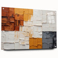 Abstract wall art featuring vibrant strokes in shades of blue, orange, and yellow, displayed in a sleek acrylic frame with visible pins, enhancing modern decor.
