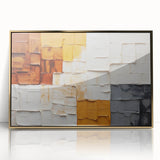 Framed abstract strokes wall art featuring gold and black hues, ideal for modern decor, set against a clean white backdrop, enhancing contemporary interiors.