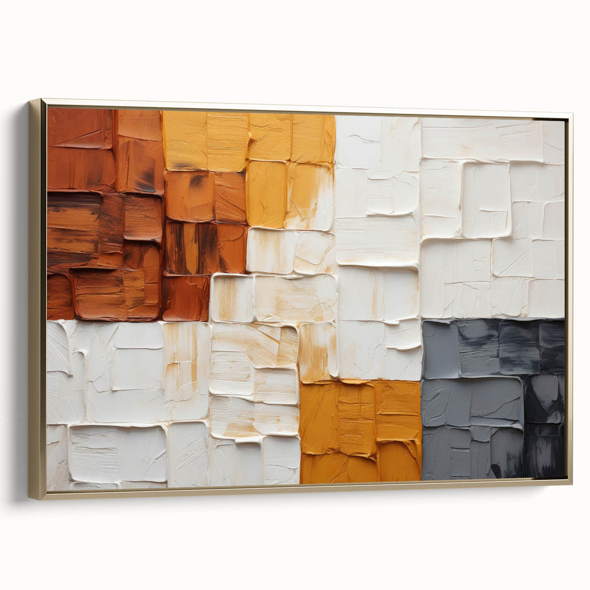 Framed wall art showcasing abstract strokes in gold, perfect for modern decor. The piece features a sleek side view, emphasizing its elegant design and texture.