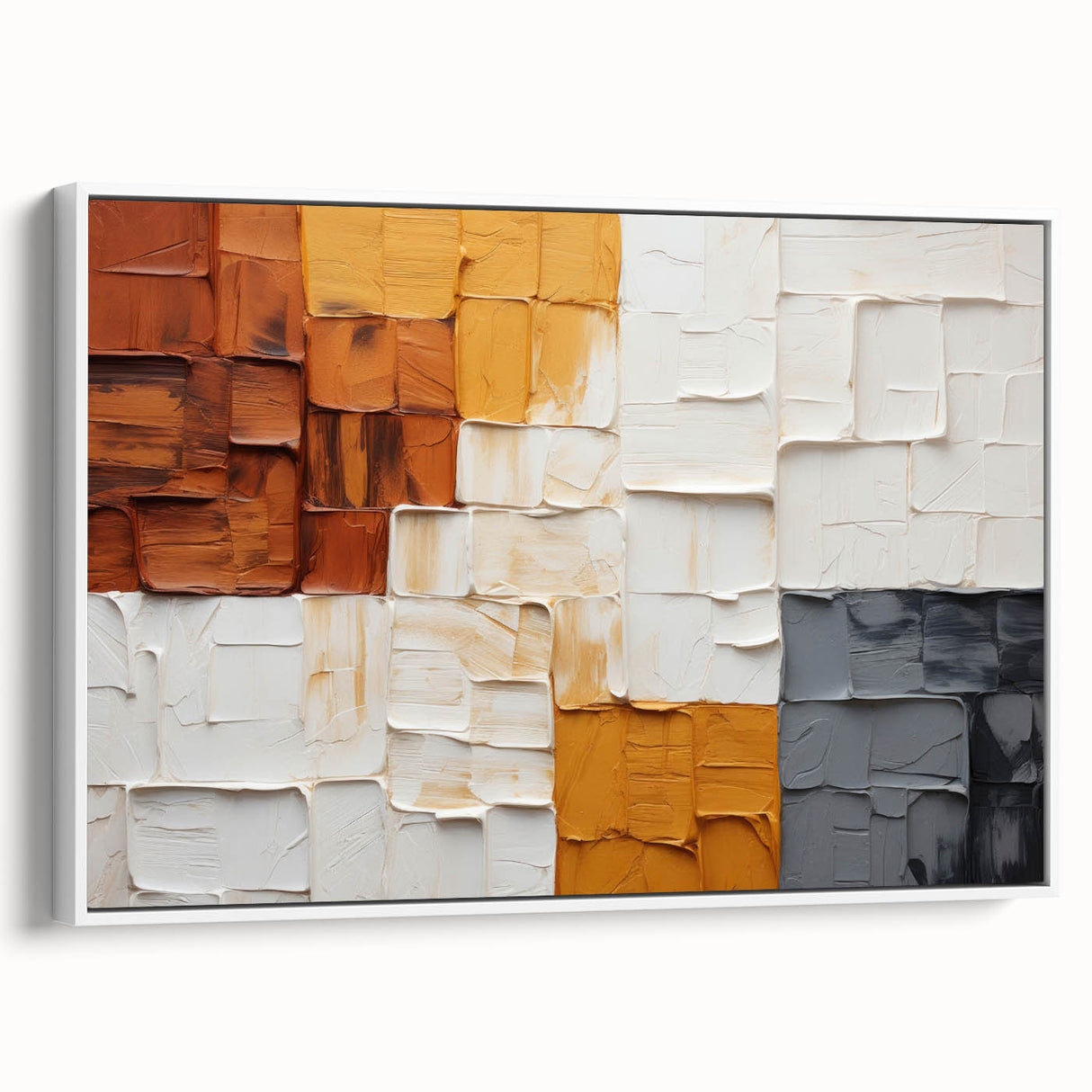Framed canvas wall art showcasing abstract strokes in various shades of blue and gold, set against a white background, perfect for modern home decor.