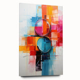 Abstract wall art design featuring colorful strokes on acrylic glass, showcasing vibrant hues of blue, pink, and yellow. The artwork is displayed in a side view, emphasizing its sleek profile and modern aesthetic, ideal for contemporary home decor.