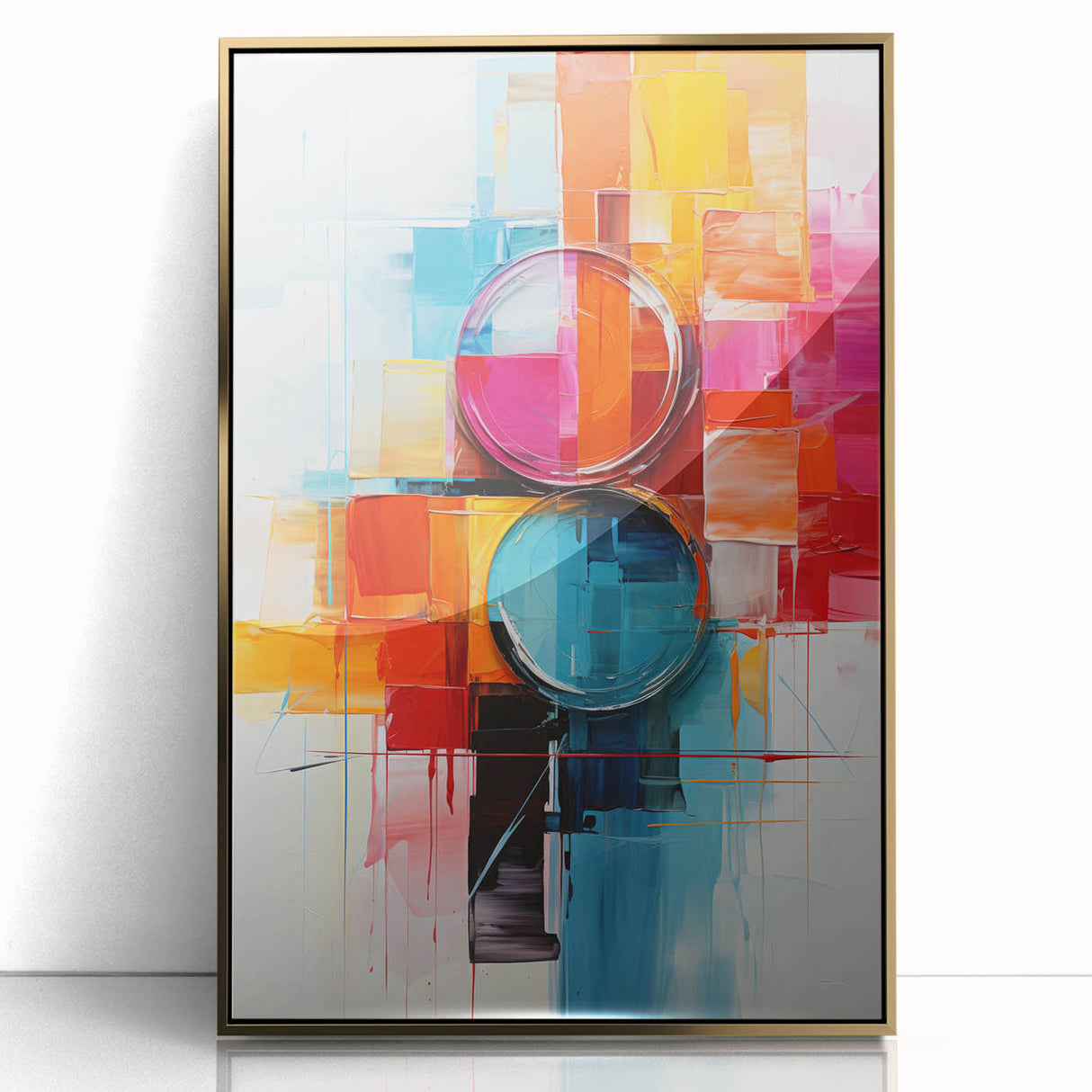 Framed abstract wall art featuring bold, textured strokes in gold and black. This modern decor piece adds an elegant touch to any room, perfect for contemporary interiors.
