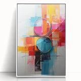 Framed wall art featuring abstract strokes in vibrant colors, showcased in a sleek white frame. Ideal for modern decor, adding a pop of color to any space.