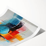 Abstract wall art print featuring vibrant strokes in blue, orange, and yellow hues, rolled and ready for display, ideal for modern home décor.