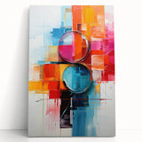 Abstract wall art featuring dynamic strokes in vibrant hues of blue, orange, and yellow, elegantly stretched on canvas and leaning against a neutral wall, adding a modern artistic touch to any space.