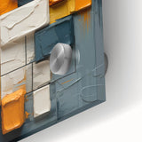 Abstract wall art featuring vibrant strokes in blue, orange, and gold on acrylic glass, designed to add a modern touch to any interior space. Ideal for contemporary decor.