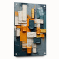 Abstract wall art print showcasing colorful strokes in vibrant hues of blue, orange, and yellow, displayed in an acrylic frame with visible mounting pins for a modern aesthetic. Perfect for contemporary home decor to enhance any living space.