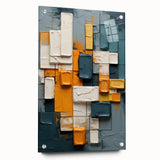 Abstract wall art print showcasing colorful strokes in vibrant hues of blue, orange, and yellow, displayed in an acrylic frame with visible mounting pins for a modern aesthetic. Perfect for contemporary home decor to enhance any living space.