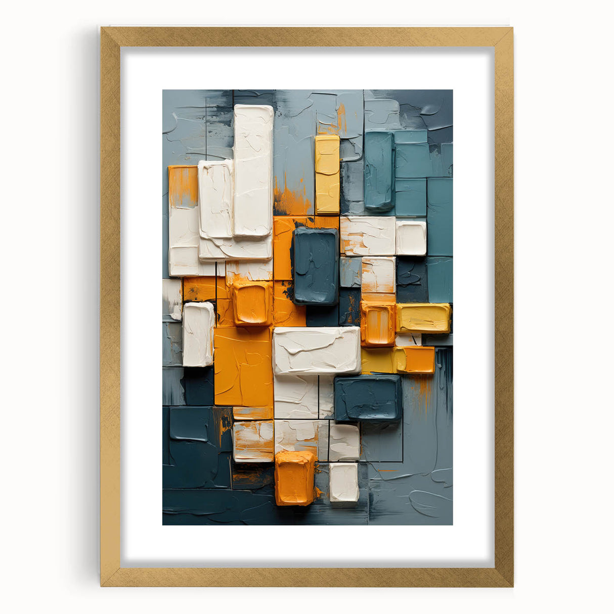Abstract wall art featuring dynamic strokes in shades of blue and gold, framed with a matte finish, showcasing a modern aesthetic perfect for contemporary decor.