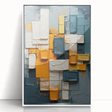 Framed abstract wall art featuring dynamic strokes in shades of blue, green, and gold, displayed against a white backdrop, perfect for modern home decor.