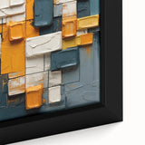 Close-up view of abstract strokes wall art on framed canvas, showcasing vibrant colors and textured brushwork, perfect for modern home decor.