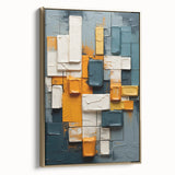 Framed canvas wall art showcasing abstract strokes in gold and neutral tones. The piece features a modern design, ideal for enhancing contemporary decor in living spaces.