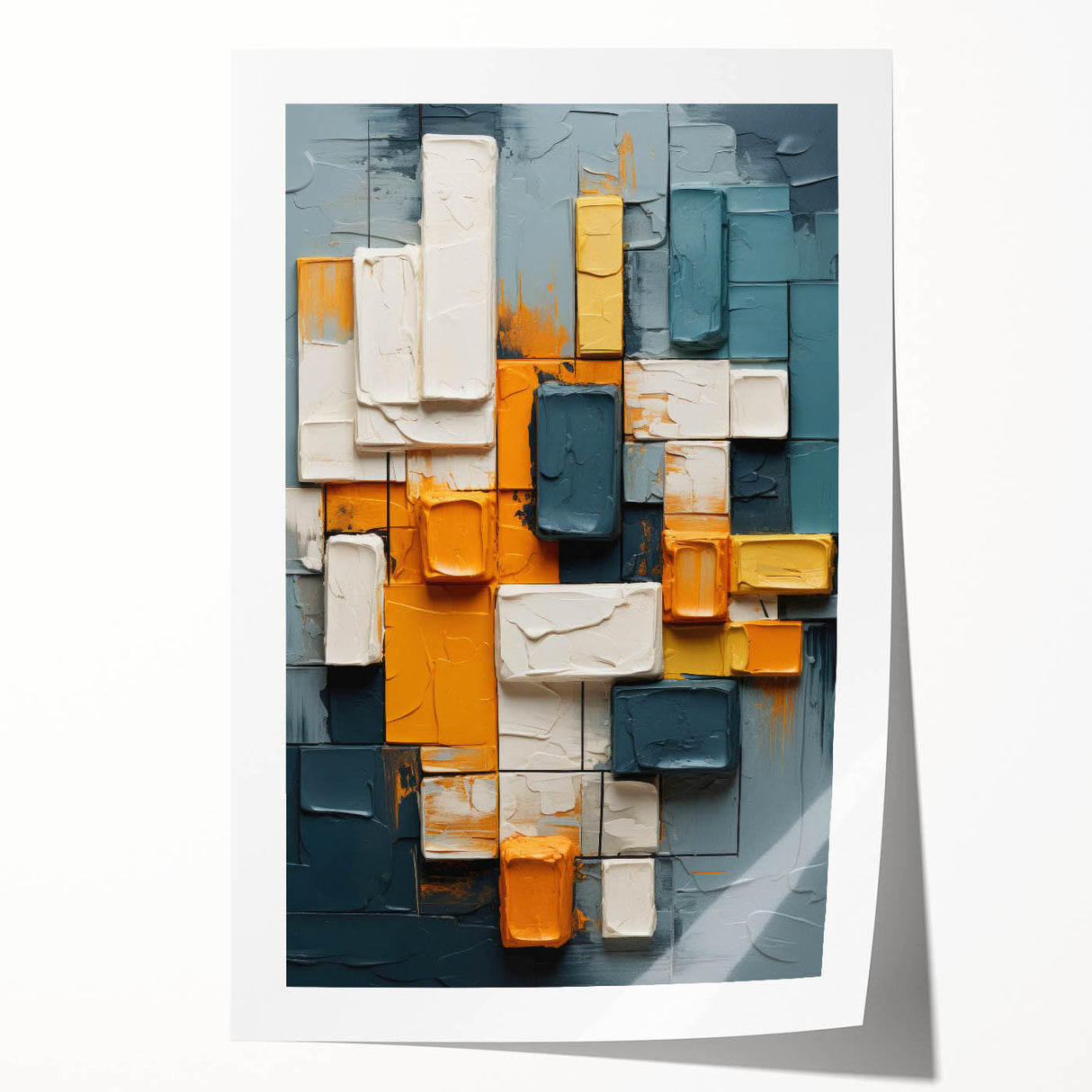 Abstract wall art print showcasing vibrant strokes in shades of blue, gold, and pink, designed to add a modern touch to home decor. Ideal for living rooms or creative spaces.
