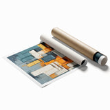 Abstract wall art print showcasing vibrant blue, orange, and yellow strokes on a textured background, rolled and ready for framing, ideal for modern decor.