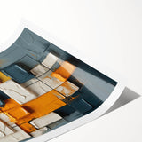 Abstract wall art print showcasing vibrant strokes of blue, orange, and yellow on a textured canvas, perfect for modern home decor. Rolled and ready for framing.