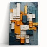 Abstract wall art featuring vibrant strokes of blue, orange, and yellow hues on a stretched canvas, leaning against a neutral wall, perfect for modern decor.