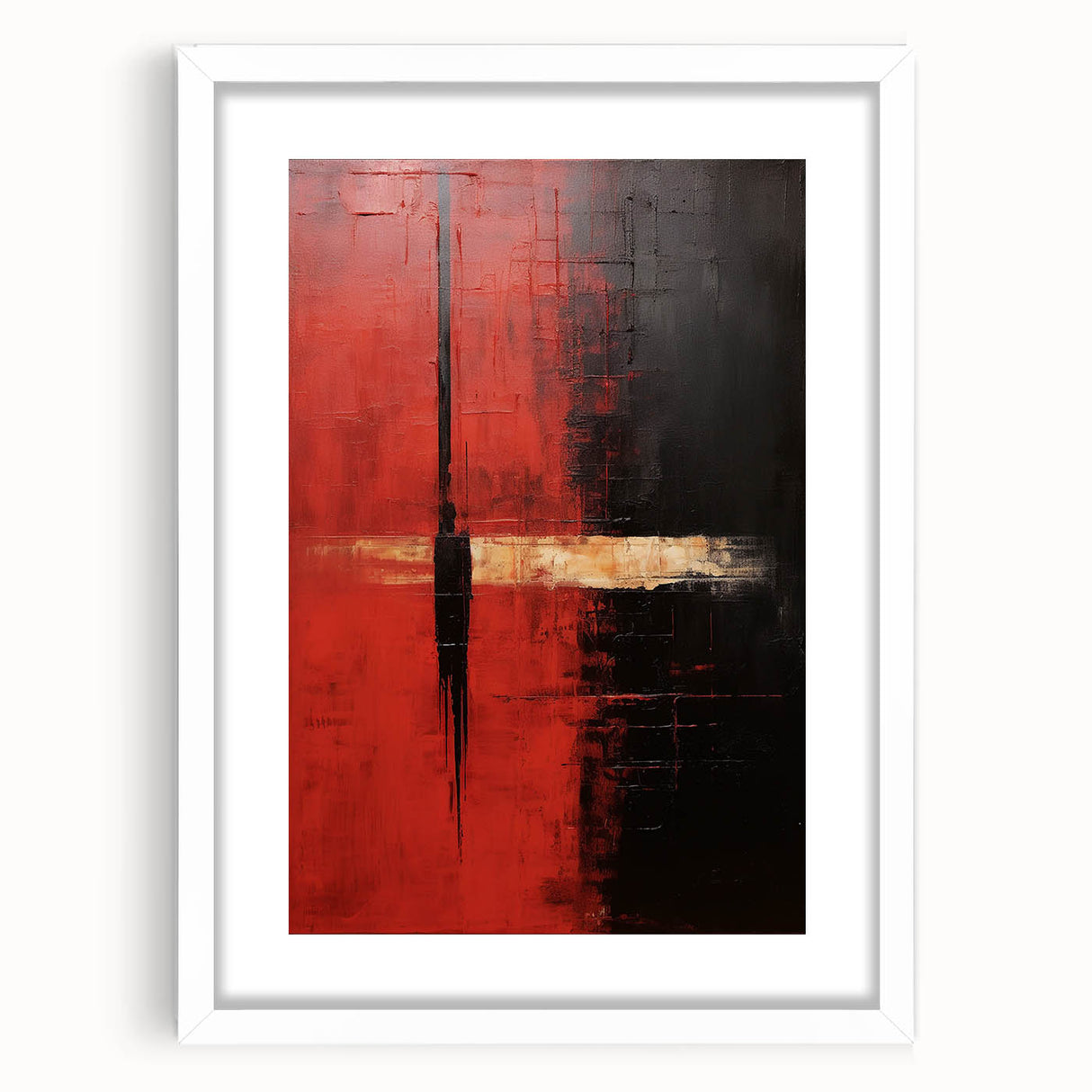Abstract wall art featuring colorful strokes in a white frame with a mat, ideal for modern decor. Perfect for brightening up living spaces or offices.