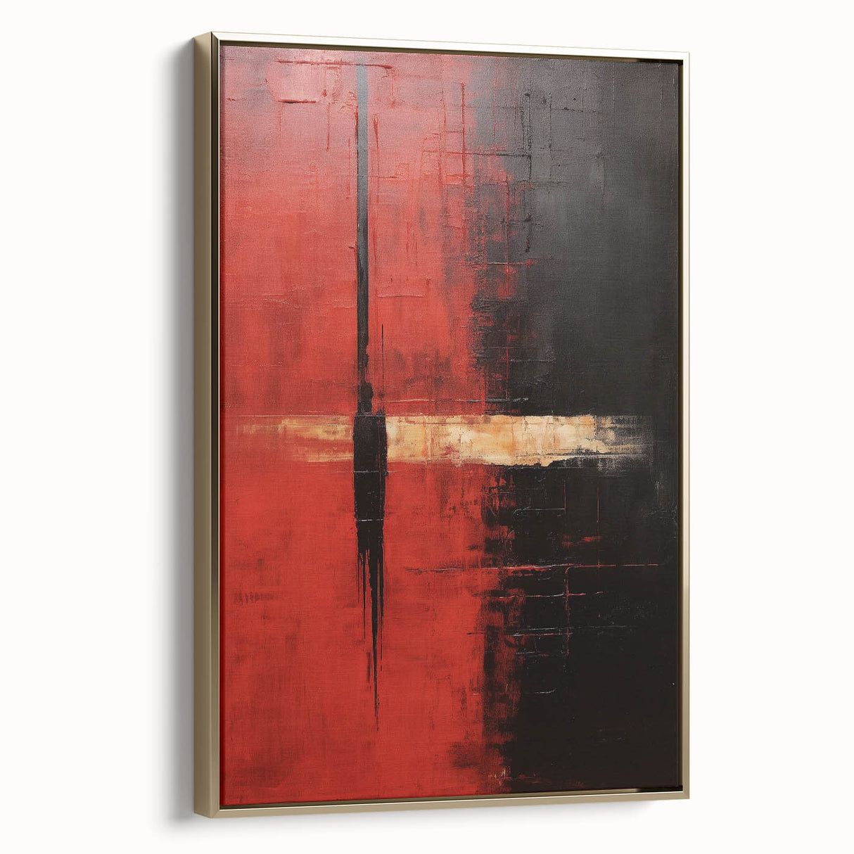 Framed canvas wall art showcasing abstract strokes in gold and neutral tones, highlighting modern design elements, perfect for contemporary home decor.