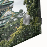 Close-up of a vibrant acrylic landscape painting showcasing a majestic castle surrounded by lush greenery, highlighting intricate details and vivid colors for art enthusiasts.