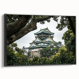 Framed canvas artwork depicting a scenic landscape with a castle, showcasing vibrant colors and intricate details, presented in a sleek black frame. Ideal for home decor and art enthusiasts.