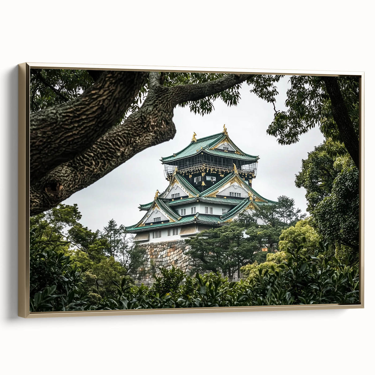 Framed canvas artwork showcasing a picturesque landscape with a castle, featuring a luxurious gold frame and side view to highlight its elegant design, perfect for home decor.