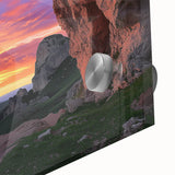 Close-up view of an acrylic glass artwork depicting a vibrant landscape with intricate cave formations, showcasing rich colors and textures ideal for modern decor.