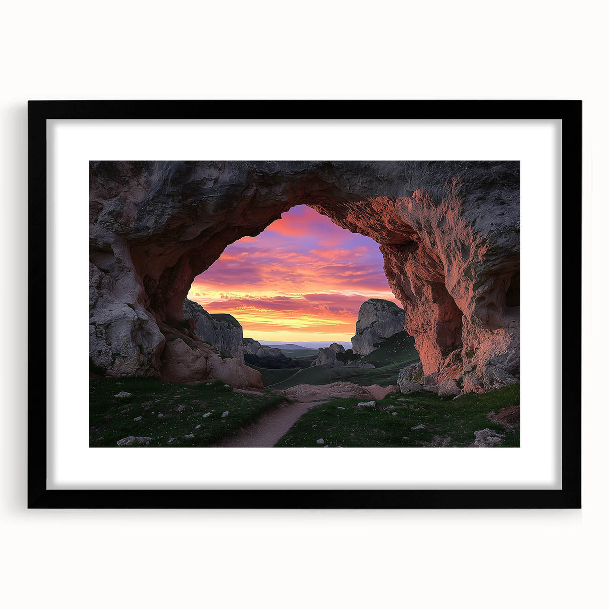 Framed landscape artwork showcasing an intricate cave scene with a black mat and sleek black frame, perfect for modern home decor and art enthusiasts.