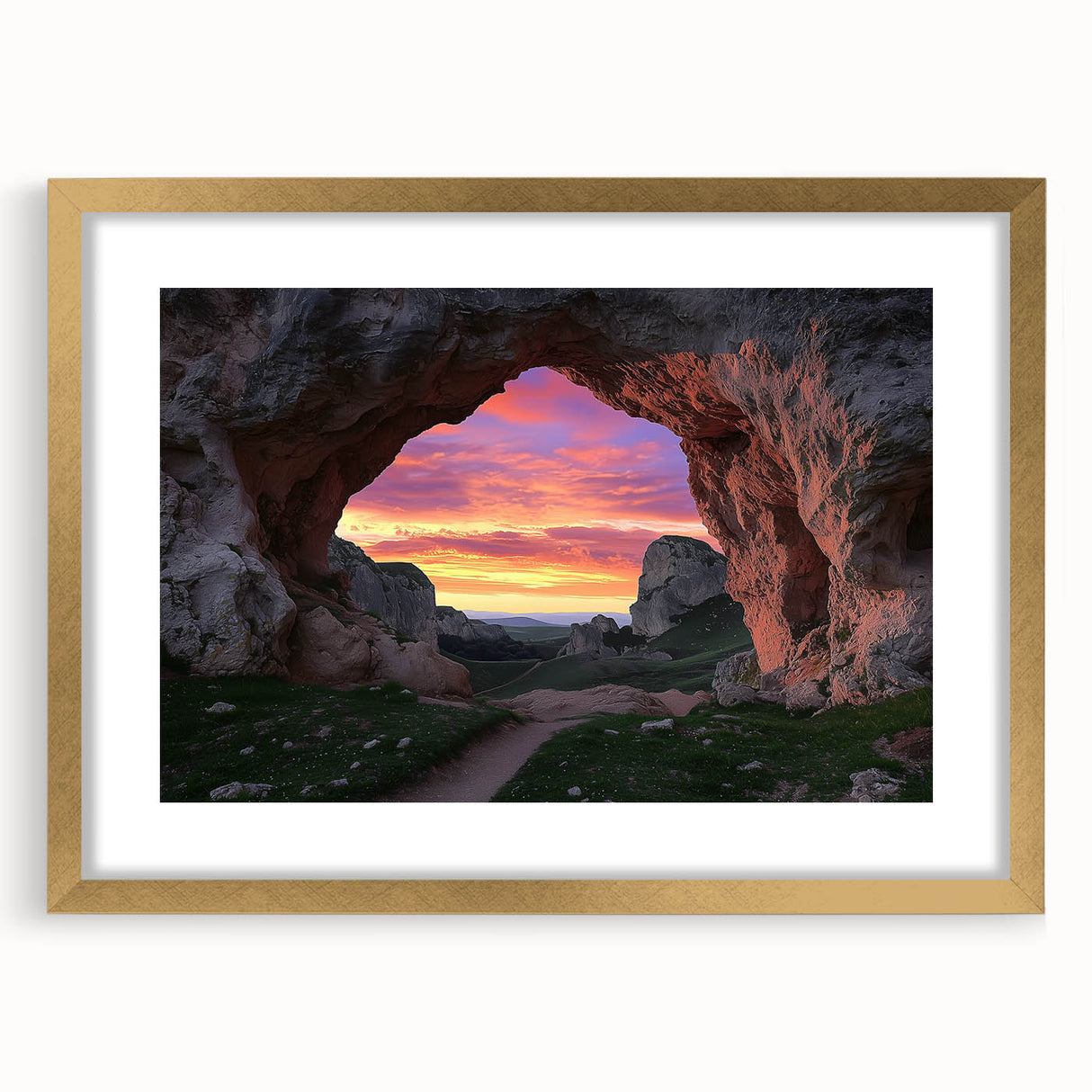 Elegant gold-framed landscape artwork featuring a serene cave scene, meticulously matted for a refined presentation. Ideal for enhancing home decor with a touch of nature's beauty.