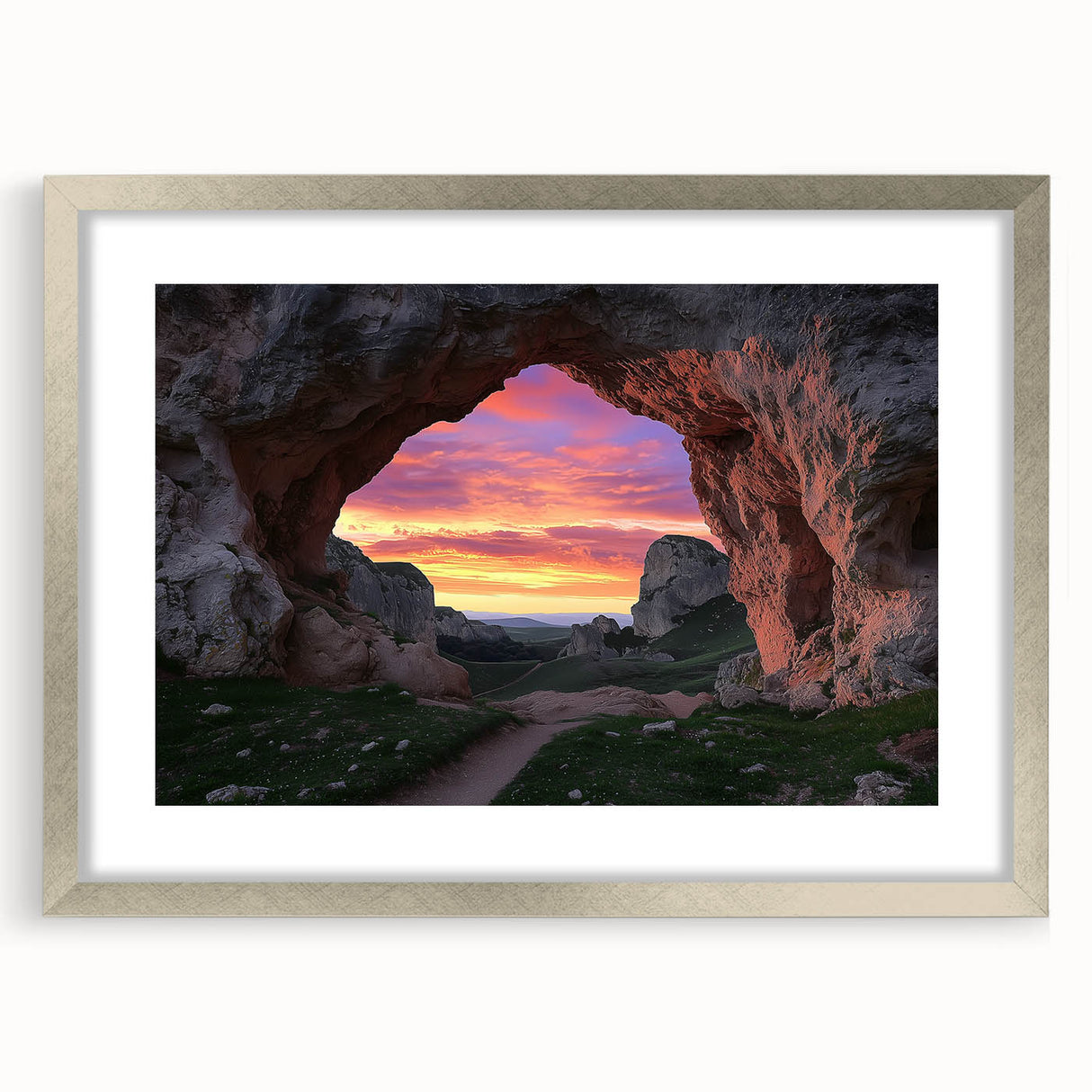 Framed landscape artwork depicting a serene cave scene, featuring a silver mat border and elegant frame, ideal for home decor in modern settings.