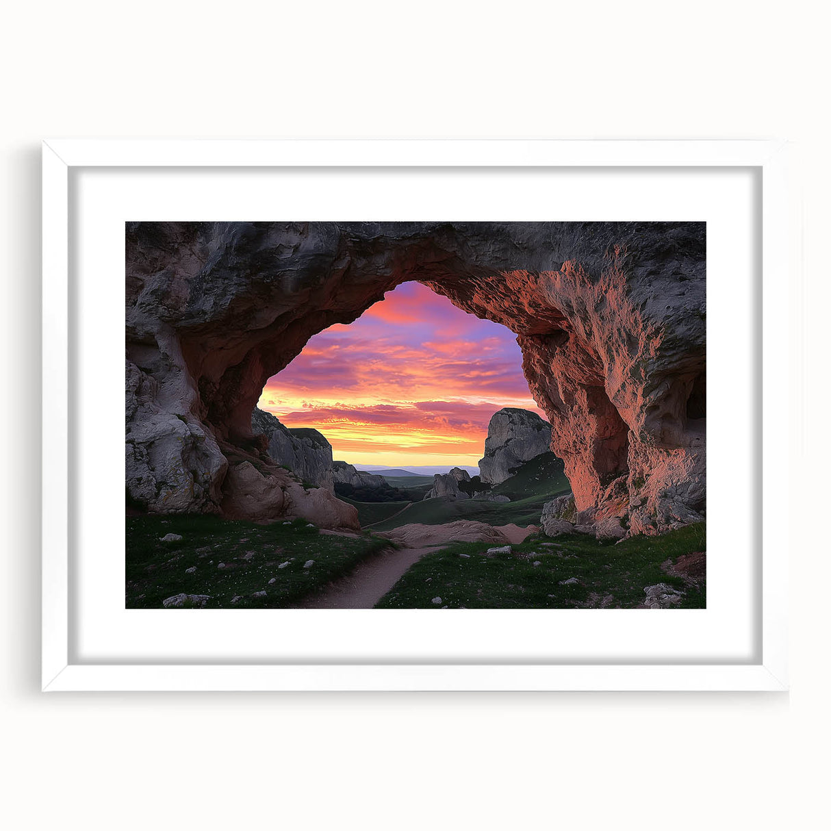 Framed landscape artwork depicting a serene cave scene with a white matting, perfect for home decor or office spaces, showcasing natural beauty and tranquility.