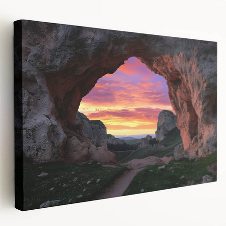 Stretched canvas artwork showcasing a vibrant landscape scene with intricate cave formations, designed to enhance home decor with natural beauty and depth.