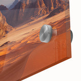 Close-up view of an acrylic glass artwork depicting vibrant landscapes with dramatic cliffs, showcasing rich colors and intricate details, perfect for home decor.