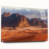 Acrylic landscape artwork showcasing dramatic cliffs in vibrant colors, displayed in a side view with decorative pins for hanging. Ideal for modern home decor.