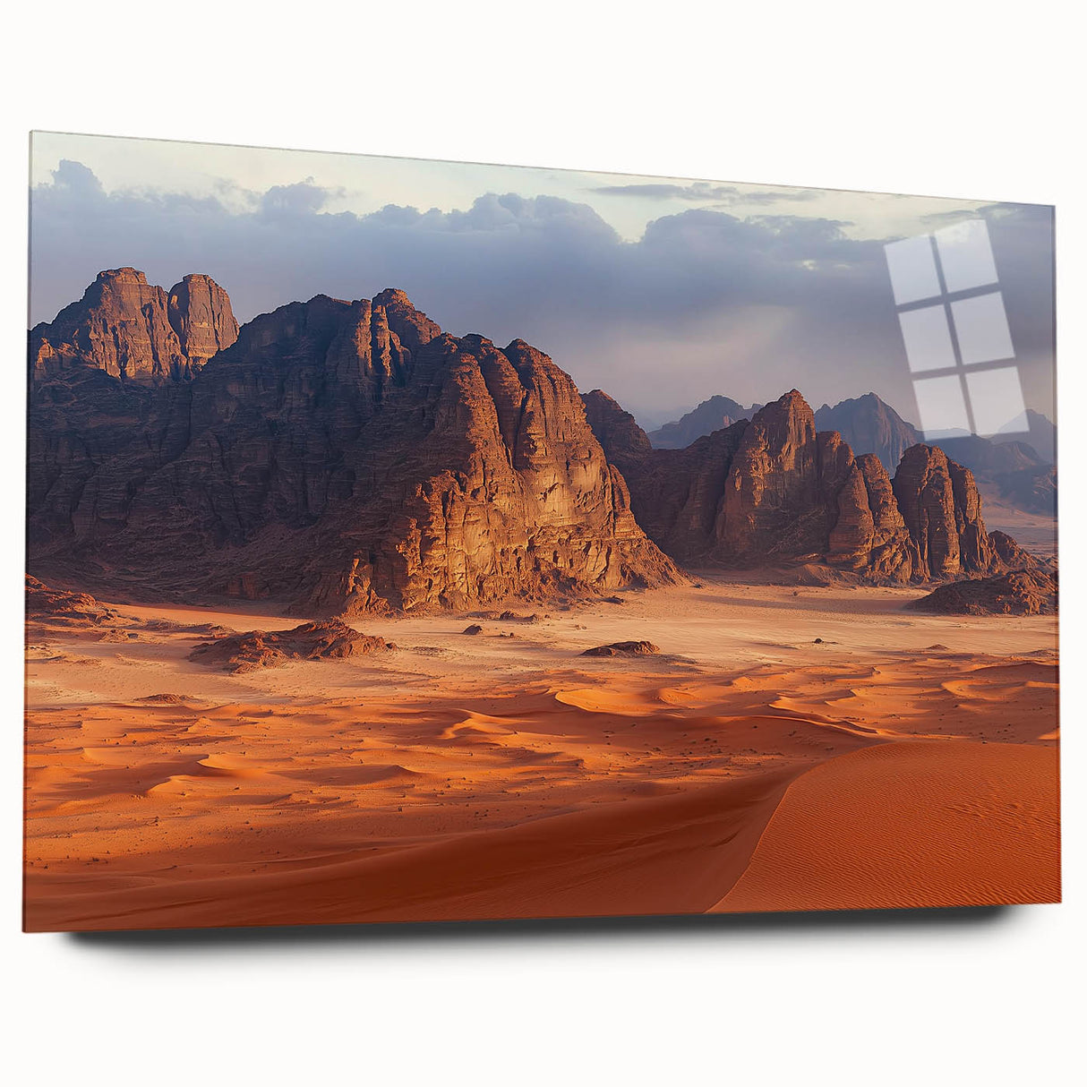 Acrylic landscape artwork depicting dramatic cliffs with vibrant colors, showcased in a sleek glass frame, enhancing modern decor aesthetics. Perfect for nature lovers.