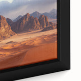 Close-up of a framed canvas print showcasing a stunning landscape of rugged cliffs against a vibrant sky, perfect for modern home decor with earthy tones.