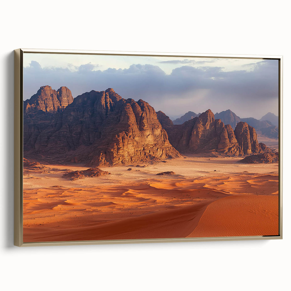 Framed canvas artwork depicting a stunning landscape with cliffs, highlighted by a gold frame. Perfect for adding elegance to modern decor.
