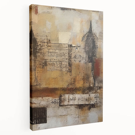 Abstract architectural wall art on stretched canvas, showcasing geometric shapes in vibrant blue and orange hues, ideal for modern decor. Perfect for enhancing contemporary interiors.