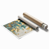 Abstract figurative wall art print featuring vibrant colors and dynamic shapes, elegantly rolled and packaged in a protective cardboard tube for easy display.