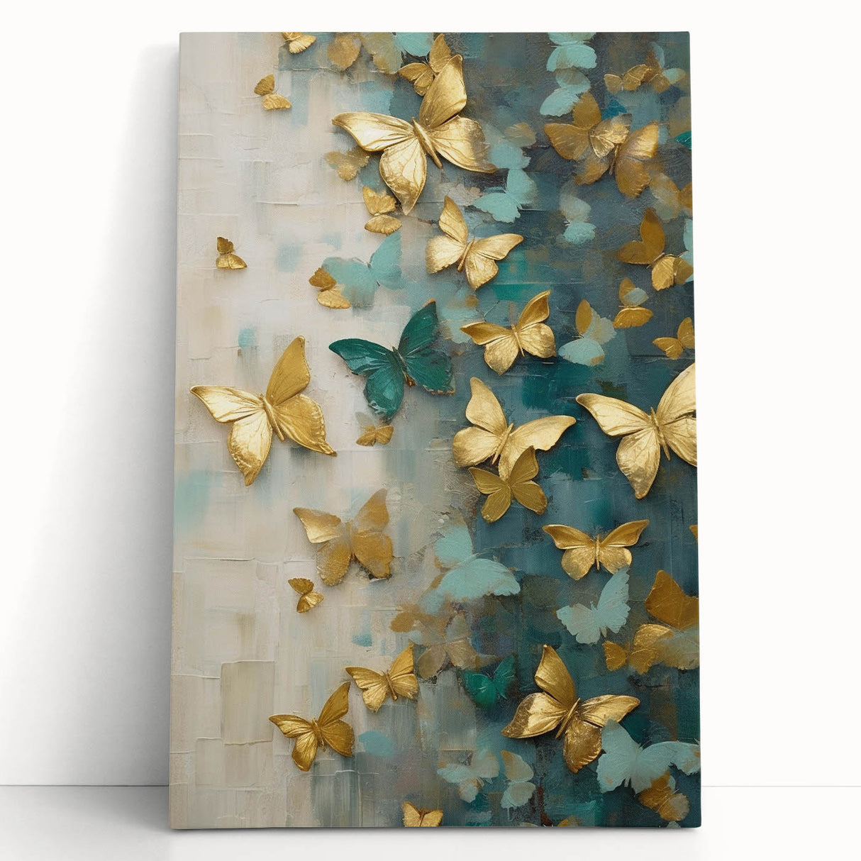 Abstract figurative wall art on stretched canvas, featuring vibrant colors and dynamic shapes, leaning against a textured wall, ideal for modern home decor.