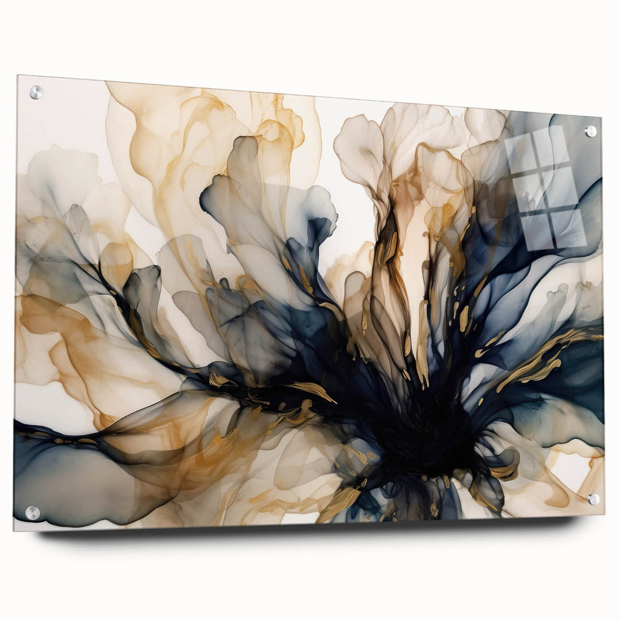 Abstract floral wall art design displayed in a side view, showcasing vibrant colors and intricate patterns, mounted with pins on a clear acrylic glass background, perfect for modern home decor.